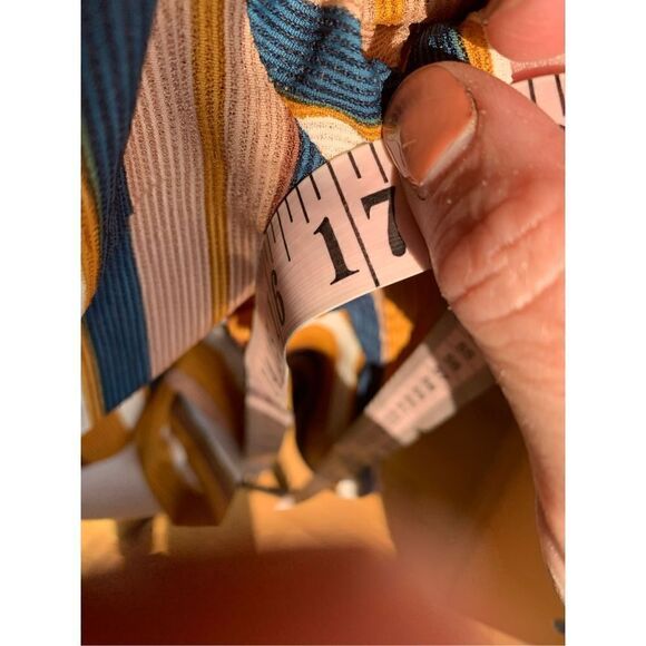 Favlux Cropped Wraparound Tied Blouse Striped Green Gold Bubble Sleeve Wmn Small - Picture 8 of 8